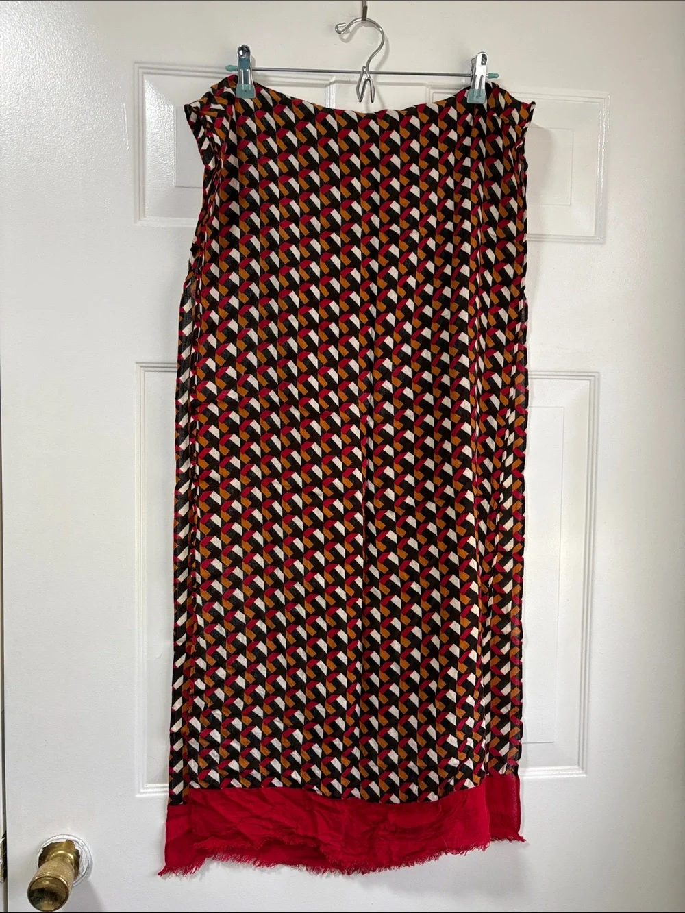 Geometric Print Scarf with Red Fringe